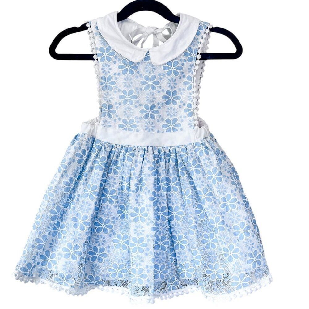 Brass Razoo White Blue Floral Lace Pinnie Pinafore Dress with Collar Size 3T